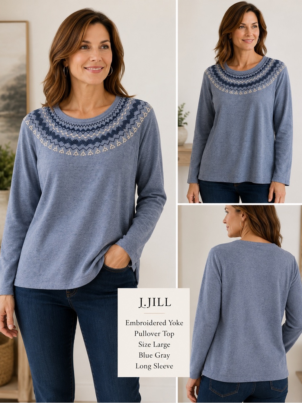 J.Jill Women’s Size PL Blue Gray Embroidered Yoke Pullover Top Long Sleeve Boh
